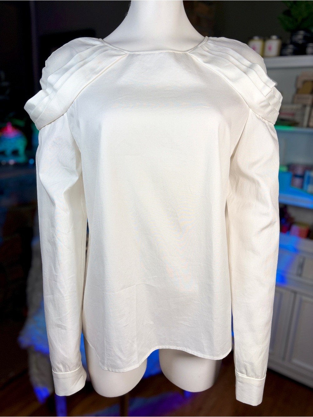 Prabal Gurung White 100% Cotton Long Sleeve Pleated Shoulder Blouse, Szs 8 & 10